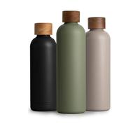 T&N Bouteille Isotherme d’eau 1l en acier inoxydable avec bouchon en bois d'acacia, Gourde Inox 1 Litre, conserve le froid à 29h, la chaleur 14h, étanche pour boissons gazeuses