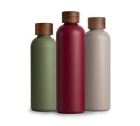 T&N Bouteille Isotherme d’eau 1l en acier inoxydable avec bouchon en bois d'acacia, Gourde Inox 1 Litre, conserve le froid à 29h, la chaleur 14h, étanche pour boissons gazeuses