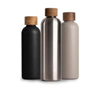 T&N Bouteille Isotherme d’eau 1l en acier inoxydable avec bouchon en bois d'acacia, Gourde Inox 1 Litre, conserve le froid à 29h, la chaleur 14h, étanche pour boissons gazeuses