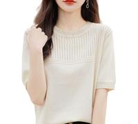 T-shirt à col rond pour femme - Coupe ample - Tricot creux - Manches courtes - Couleur pure - Décontracté - Vacances - Usage quotidien - Longueur normale - Printemps été automne (L Beige)