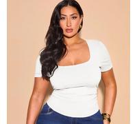 T-shirt court à manches courtes en tricot gris, col carré, taille élastique, style printemps-été grande taille. Top polyvalent et élégant, idéal pour le travail et les sorties, style casual chic pour 