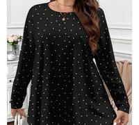 T-shirt décontracté minimaliste à col rond avec imprimé de pois blancs, grande taille, automne/hiver 0XL,1XL,2XL,3XL,4XL,5XLImprimés aléatoiresTissu tricoté