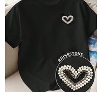 T-shirt décontracté pour femmes grandes tailles, décoré de clous, été 1XL,2XL,3XL,4XL,5XLPortrait,Géométrique,Imprimés aléatoiresTissu tricoté