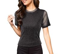 T-shirt élégant pour femme avec col rond en maille brillante - Design superposé moulant pour un look transparent polyvalent comme pièce basique tendance, Noir , 3XL