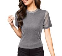 T-shirt élégant pour femme avec col rond en maille brillante - Design superposé moulant pour un look transparent polyvalent comme pièce basique tendance, gris, 3XL