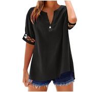 T-Shirts à Manches Courtes Femme Chic Et Élégant Tshirt Femme Lin Coton Fluide Tee Shirt Couleur Uni Oversize Manche Courte Vetement Été Tunique Col V Grande Taille Chemisier(Noir,XXL)