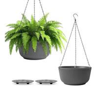 T4U Pots de Fleurs Suspendus 20 cm (8 Pouces), Pots de Fleurs d’Intérieur pour Plantes, Pot Suspendu Gris avec Drainage, Design Strié, pour Amateurs de Plantes, Balcon et Maison, Lot de 2