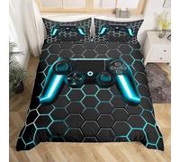 Tabeskly Gaming Gamer Hexagone Géométrique Enfant Housse De Couette Ado GarçOn Parure De Lit 1 Personne Noir Bleu 135x200cm