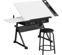 Table à dessin, bureau d'architecte, table réglable, bureau, bureau pour étudiants avec tabouret et tiroirs, réglable en hauteur, établi de travail pour techniciens, couleur blanche