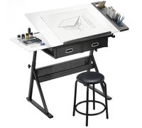Table à dessin - HOMCOM - avec tabouret et 2 tiroirs - hauteur réglable, plateau inclinable 0° à 60° - MDF - 120x60x68-92cm - blanc