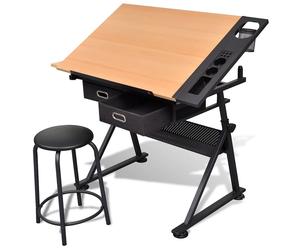 Table à Dessin Inclinable 2 Tiroirs et Tabouret Bureau d'Ecriture vidaXL