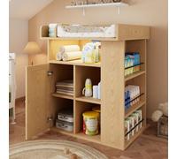 Table à langer en bois au fini naturel, avec éclairage LED réglable, nombreux espaces de rangement et compartiments latéraux ; surface à langer avec séparateur