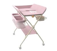 Table à Langer Mobile pour Bébé, Pliable avec Hauteur Réglable sur 5 Niveaux Poubelle Panier de Rangement Etagère Roues Verrouillables, pour Chambre de Bébé,75 * 68 * 83-91cm (A) Rose