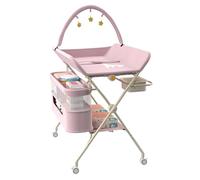 Table à Langer Mobile pour Bébé, Pliable avec Hauteur Réglable sur 5 Niveaux Poubelle Panier de Rangement Etagère Roues Verrouillables, pour Chambre de Bébé,75 * 68 * 83-91cm (B) Rose
