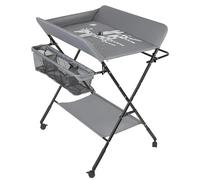 Table à langer - Modèle pliable - Réglable en hauteur - Panier de rangement - Ceinture de sécurité - Quatre roulettes avec frein - Structure métallique robuste - Gris