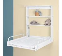 Table à Langer Murale Rabattable, ROBA, Matelas Imperméable Inclus, 2 Étagères, Bois Laqué Blanc, 59 x 72 cm, Jusqu'à 15 kg
