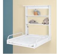 Table à langer murale rabattable - ROBA - Matelas imperméable inclus - 2 Étagères intégrées - Bois Laqué Blanc
