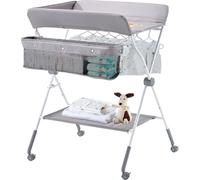 Table à langer pliable avec panier latéral et roulettes, gris clair
