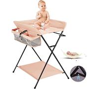 Table à langer pliable avec paniers et matelas à langer pour bébé - avec roues,Table à langer pliante portable avec étagère de rangement et panier pour nouveau-né de 0 à 12 mois (80*66*98cm (rose))