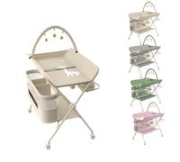Table à Langer Pliable avec Roulettes, Réglable en Hauteur, Beige | Hauteur Réglable 86-94 cm, Arche de Jeu Incluse, Panier de Rangement, Ceinture de Sécurité, Pour Nouveau-Nés, Multicolore
