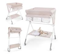 Table à langer pliable COSTWAY 3 en 1, commode à langer réglable en hauteur avec panier de rangement et roulettes, matelas à langer portable jusqu'à 11 kg, beige