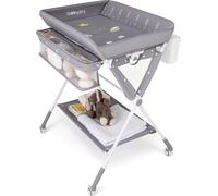 Table à langer pliable COSTWAY 3 en 1, commode à langer réglable en hauteur avec poubelle, panier de rangement et roulettes, matelas à langer portable jusqu'à 11 kg, gris