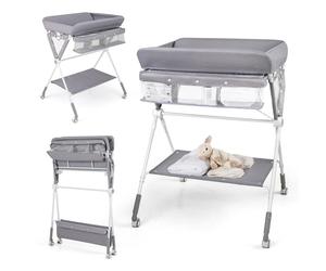 Table à langer pliable COSTWAY 3 en 1, commode à langer réglable en hauteur avec poubelle, panier de rangement et roulettes, matelas à langer portable jusqu'à 11 kg, gris