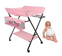 Table à Langer Pliable et Portable pour BéBé, Table à Langer avec roulettes et Panier de Rangement, Cadre Métallique&Tissu Oxford,Hauteur Réglable en 3 Positions:92,95,98cm (Rose)