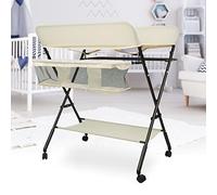 Table à Langer Pliable et Portable, Tables à Couches Mobile avec Sac de Rangement, Ceinture de Sécurité et Rangement Sous - Jacent, Soin pour Nouveaux-Nés avec Roues (80 * 66 * 98cm/beige)
