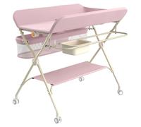 Table à langer pliable - Table à langer pour bébé avec 4 roulettes et freins - Réglable en hauteur sur 5 positions - Ceinture de sécurité - Panier de rangement - Rose
