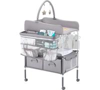 VEVOR Table à Langer Pliable, Plan à Langer 2 Tiroirs en Tissu, Panier Latéral et Tringle de Suspension, Meuble pour Bébé Réglable en Hauteur, avec Roulettes Verrouillables et 2 Jouets Étoiles, Gris