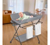 Table à Langer Pliante avec Panier de Rangement, 4 Roues avec Freins, Table a Langer Portable pour Changer les Vêtements et les Couches du Nouveau-né, Charge Max 25KG (80 * 66 * 98cm, Gris)