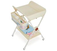 Table à langer pliante et mobile - Table à langer sur roulettes - Réglable en hauteur - Espace de rangement et tringle à vêtements - Structure métallique - Pour nouveau-nés - Beige