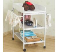 Table à langer pour bébé - Table à langer mobile - Largeur 48 cm - 4 roulettes avec freins de blocage - 2 tablettes - Ceinture de sécurité - Pour les 0 à 12 mois - Unisexe - Blanc
