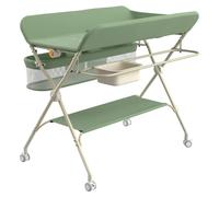 Table à langer - Table à langer pliable - Réglable en hauteur sur 5 niveaux - 4 roulettes avec frein - Structure métallique - Panier de rangement - Pour nouveau-nés - Vert