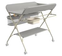 Table à langer - Table à langer pliable sur roulettes - Réglable en hauteur sur 5 niveaux - Ceinture de sécurité - 4 roulettes avec frein - Panier de rangement - Gris
