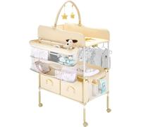 Table à langer VEVOR, station à langer pliable avec 2 tiroirs en tissu & panier latéral & tringle à vêtements, combiné à langer portable réglable en hauteur avec roues verrouillables et 2 jouets en fo