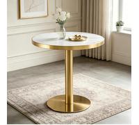 Table à manger 60x60x74 cm ronde effet marbre UV cadre acier inox doré socle stable design pour salon chambre bureau déco chic luxe