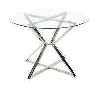 Table à Manger Argenté en Verre et Acier 105 cm Base en X Forme Sablier Bosco