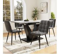 Table à Manger avec 4 chaises-avec plateau extensible blanc-pieds en forme de V noirs-chaises de salle à manger en velours gris