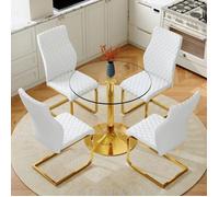 Table à manger avec 4 chaises blanches et dorées, Ensemble table et chaises ronde en verre trempé avec un pied en métal doré