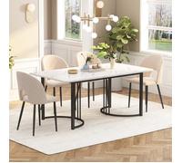 Table a manger avec 4 chaises Chaise de salle à manger en velours, pieds réglables, plateau MDF 140×80cm, beige+blanc