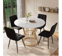 Table à manger avec 4 Chaises de salle à manger, Panneau de fibres de moyenne densité, velours, blanc et noir