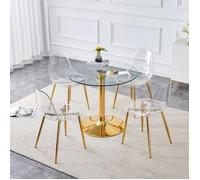 Table à manger avec 4 chaises en plastique transparent, Ensemble de salle à manger en verre trempé de 85 cm de diamètre
