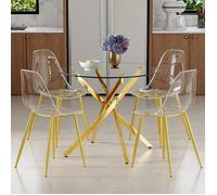 Table à manger avec 4 chaises transparentes en plastique, Ensemble de salle à manger ronde en verre trempé de 88 cm de diamètre