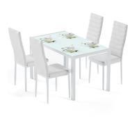Table à Manger avec Chaises - Bealife - 1 Table en Verre - 4 Chaises en Cuir PU - Dossier - Patte Metal - Pied en Caoutchouc -Blanc