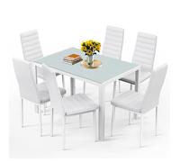 Table à Manger avec Chaises - Bealife - 1 Table en Verre - 6 Chaises en Cuir PU - Dossier - Patte Metal - Pied en Caoutchouc -Blanc