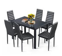 Table à Manger avec Chaises - Bealife - 1 Table en Verre - 6 Chaises en Cuir PU - Dossier - Patte Metal - Pied en Caoutchouc -Noir