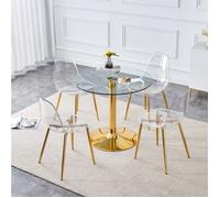 Table à manger avec chaises,plateau en verre trempé,4 chaises transparentes en plastique