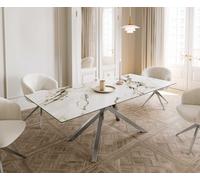 Table à manger Edge 180-220x100 céramique Calacatta Luxe blanc-doré-gris cadre croisé rectangulaire acier inoxydable extensible